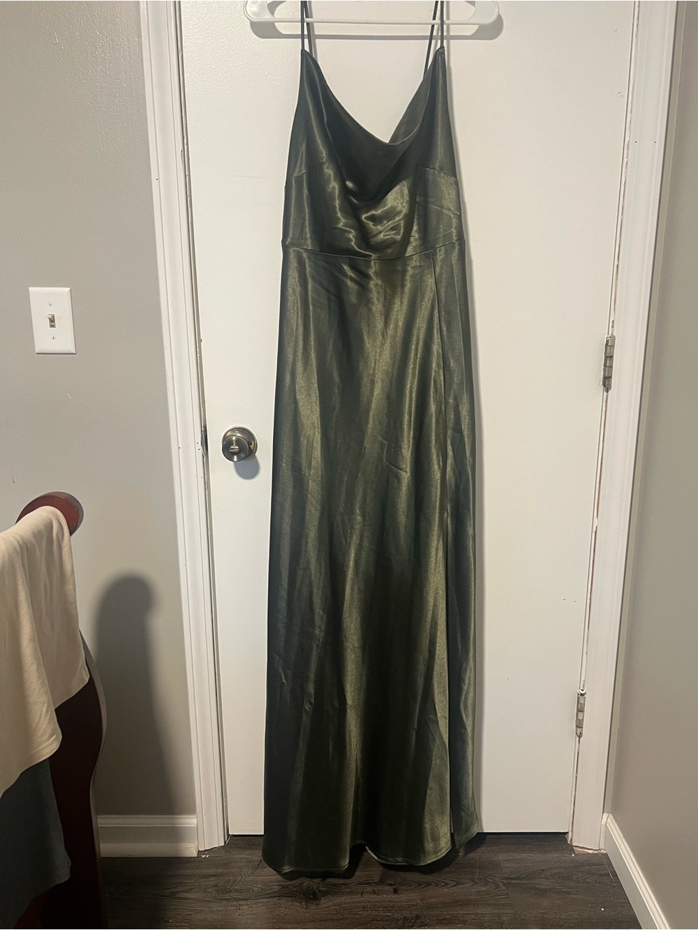 Birdy Grey Olive Green Satin Cowl Slip Maxi Bridesmaid Dress